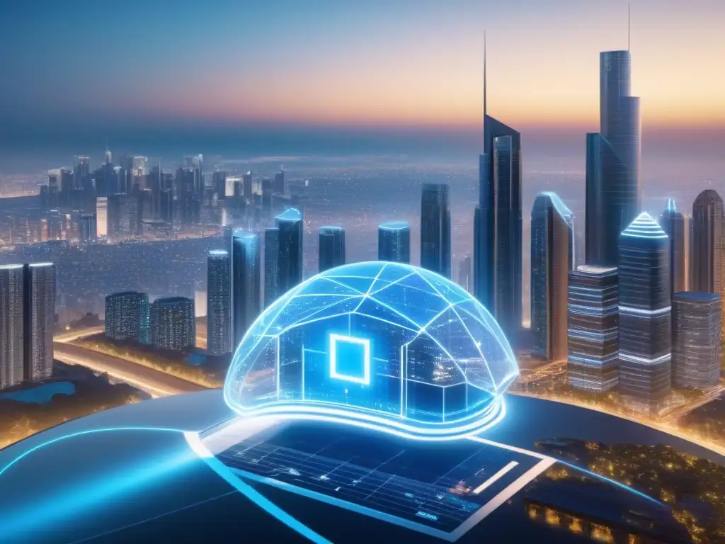 IA futurista analizando datos inmobiliarios en holograma 8k Avanzado sistema de inteligencia artificial analizando datos inmobiliarios con gráficos y algoritmos en holograma, en una ciudad moderna