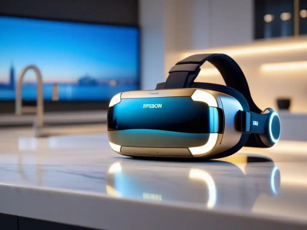 Realidad virtual inmobiliaria: casco de vanguardia en mármol blanco Avanzado visor de realidad virtual en mármol blanco, rodeado de planos arquitectónicos y recorridos virtuales