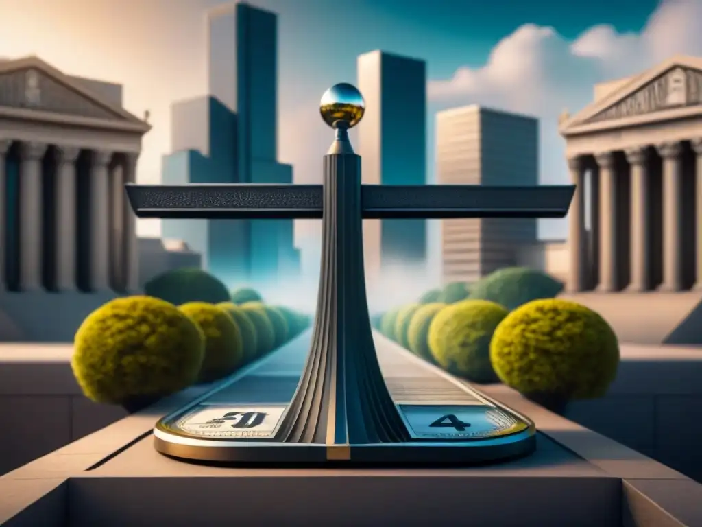 Equilibrio ético: personas felices vs bancos imponentes Una balanza futurista equilibra Ética tasas interés justas con felices personas y opresivos edificios bancarios