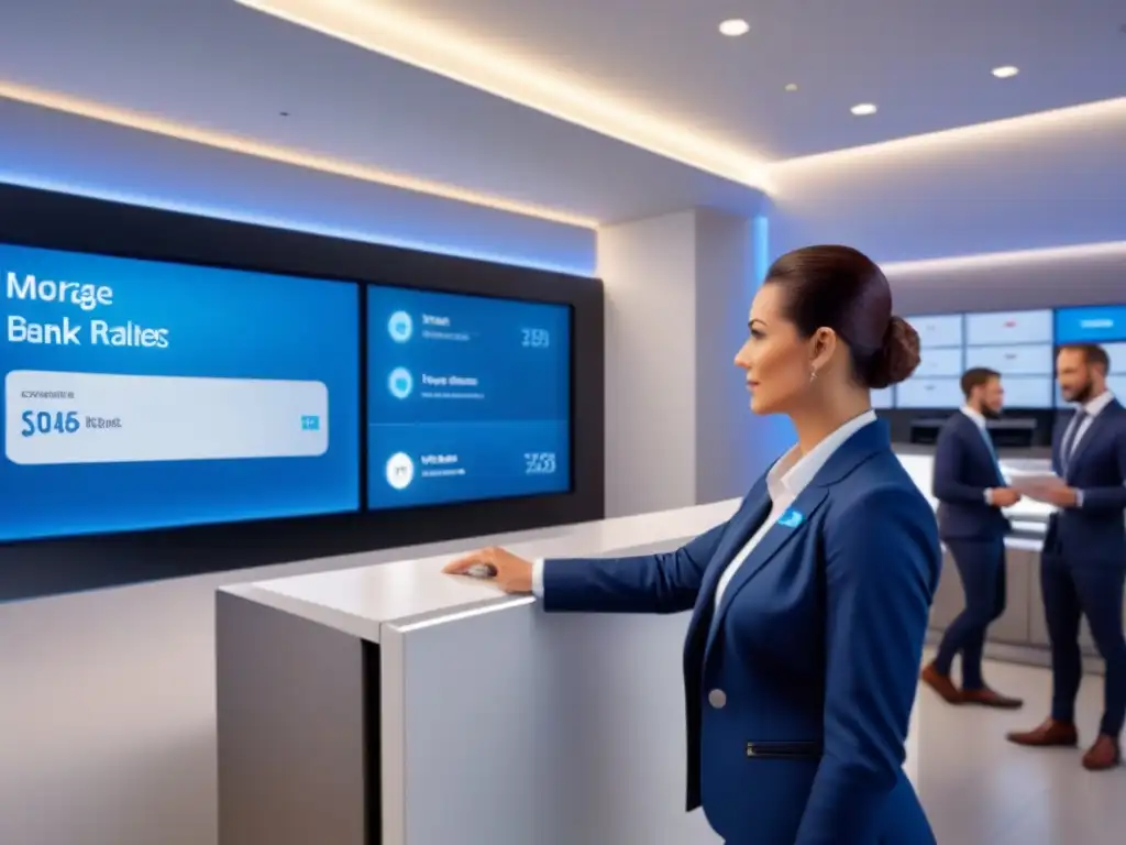 Interior bancario futurista con tecnología avanzada y automatización Un banco del futuro: tecnología, eficiencia e innovación