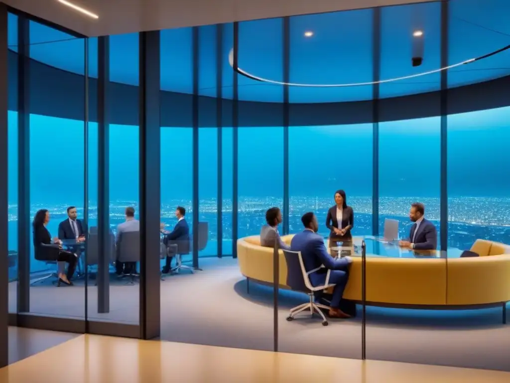 Reunión profesional sobre historial crediticio en banco moderno Un banco moderno con profesionales discutiendo estrategias para historial crediticio en hipotecas privadas