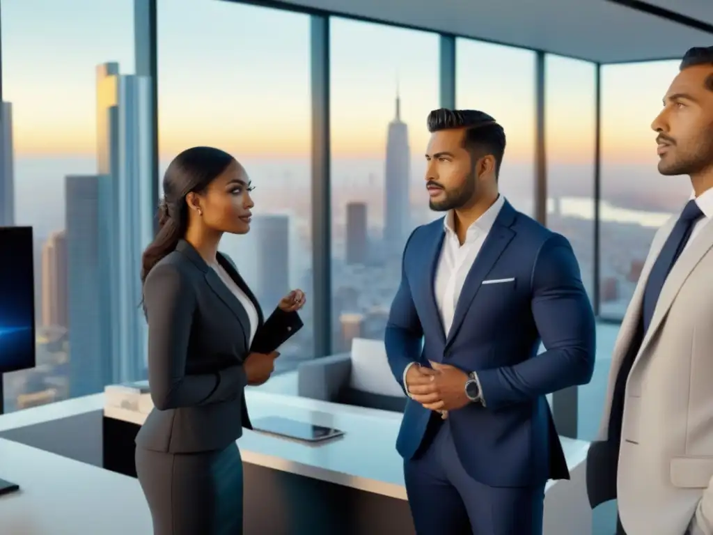 Profesionales diversos analizan opciones hipotecarias en oficina futurista Un banquero hispano muestra proyecciones financieras a una pareja diversa en una oficina moderna