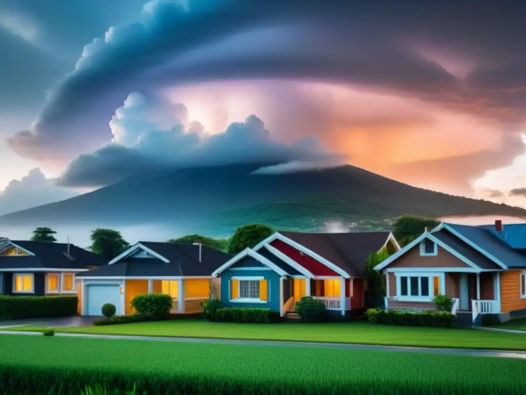 Seguro de hogar contra desastres naturales: ¡Protege tu patrimonio! Barrio residencial con seguros inmobiliarios riesgos naturales, casas protegidas y cielo dramático iluminado