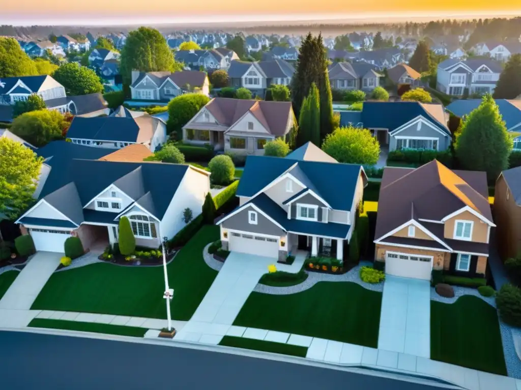 Barrio residencial de lujo al atardecer: hogares elegantes y éxito Barrio suburbano próspero al atardecer con casas lujosas, jardines cuidados y autos de lujo