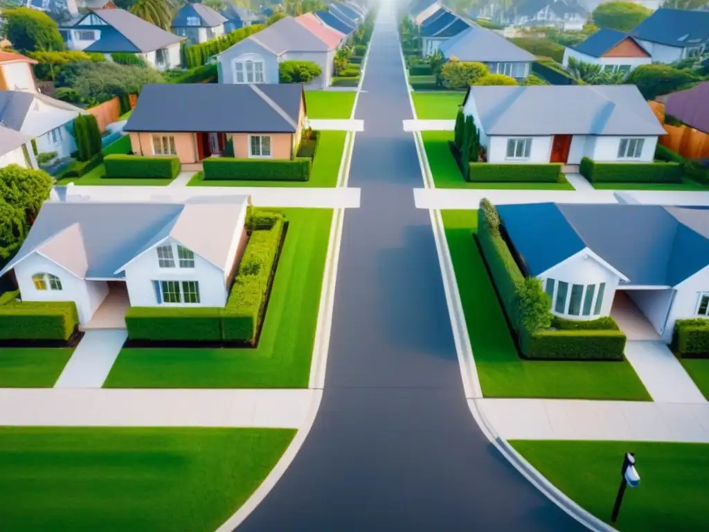 Vecindario residencial de lujo: uniformidad y prosperidad Bello vecindario residencial moderno con casas idénticas, jardines cuidados y autos de lujo