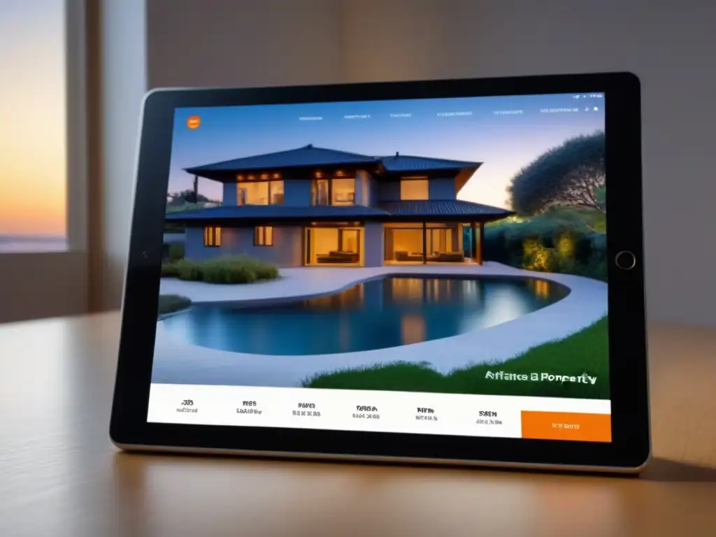 Explora beneficios afiliarse plataformas listado propiedades con interfaz futurista en tablet elegante
