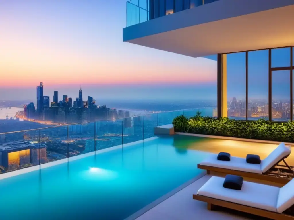 Condominio de lujo con vista panorámica al atardecer Guía para invertir en bienes raíces: Un complejo de lujo con impresionantes vistas de la ciudad al atardecer, diseño moderno y jardines en la azotea