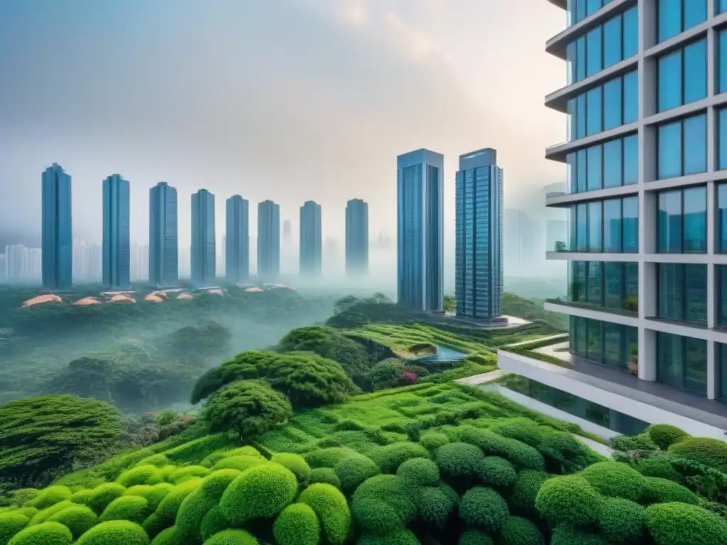 Edificio futurista en país emergente: inversión inmobiliaria innovadora Invertir en bienes raíces: Edificio moderno en una ciudad emergente, rodeado de vegetación exuberante y diseño futurista