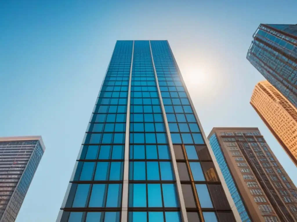 Edificio urbano de lujo: arquitectura contemporánea en la ciudad Guía para invertir en bienes raíces: Edificio moderno con ventanales de piso a techo reflejando la ciudad vibrante bajo el sol brillante