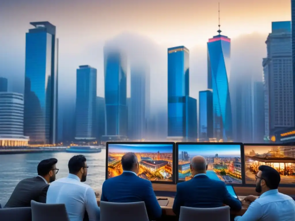 Skyline vibrante de oportunidad y progreso en economía emergente Invertir en bienes raíces emergentes: Escena vibrante de una ciudad en crecimiento con profesionales y arquitectura diversa