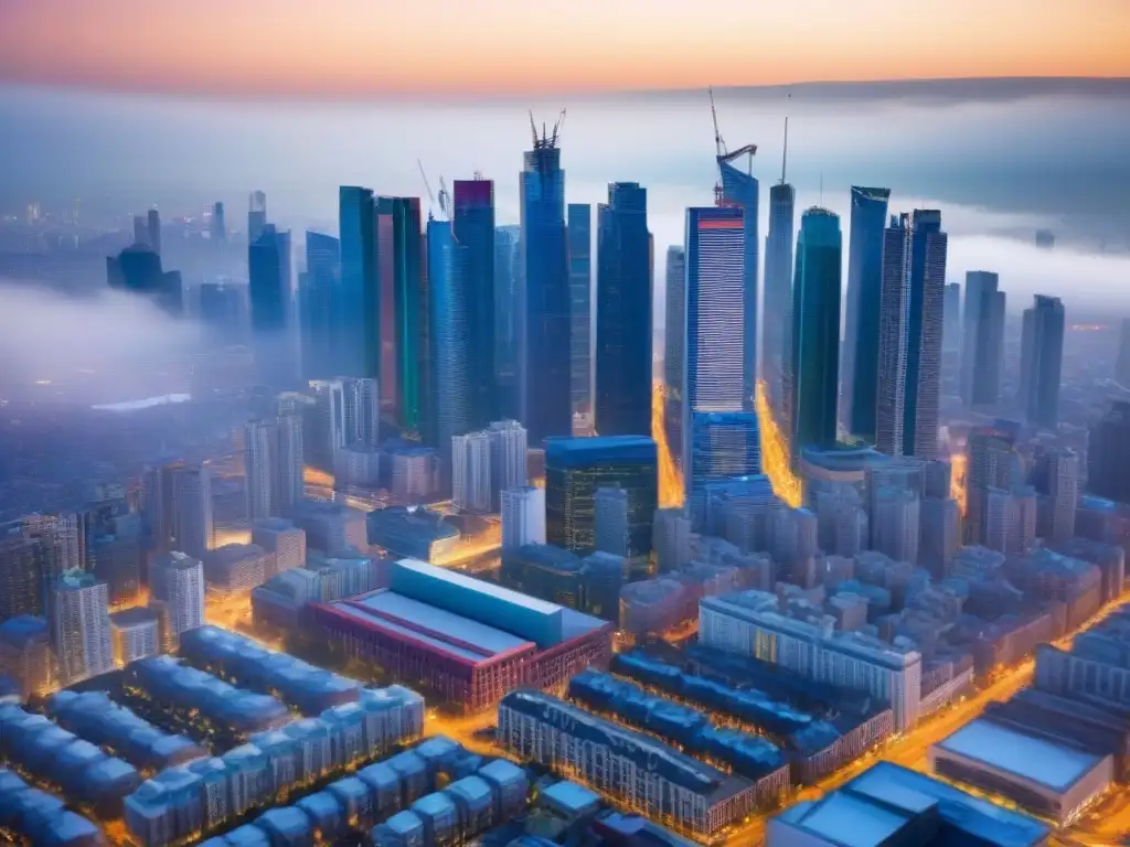 Metrópolis emergente: riqueza arquitectónica y diversidad urbana Invertir en bienes raíces emergentes: Vista aérea detallada de una ciudad emergente con rascacielos modernos y mercados vibrantes abajo