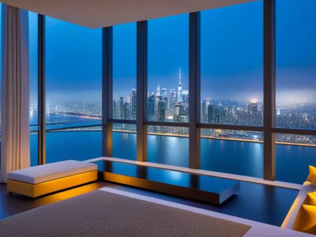 Rascacielos de lujo con vistas nocturnas de la ciudad Invertir en bienes raíces extranjeros: Edificio de apartamentos de lujo con vistas nocturnas a la ciudad desde ventanas de piso a techo