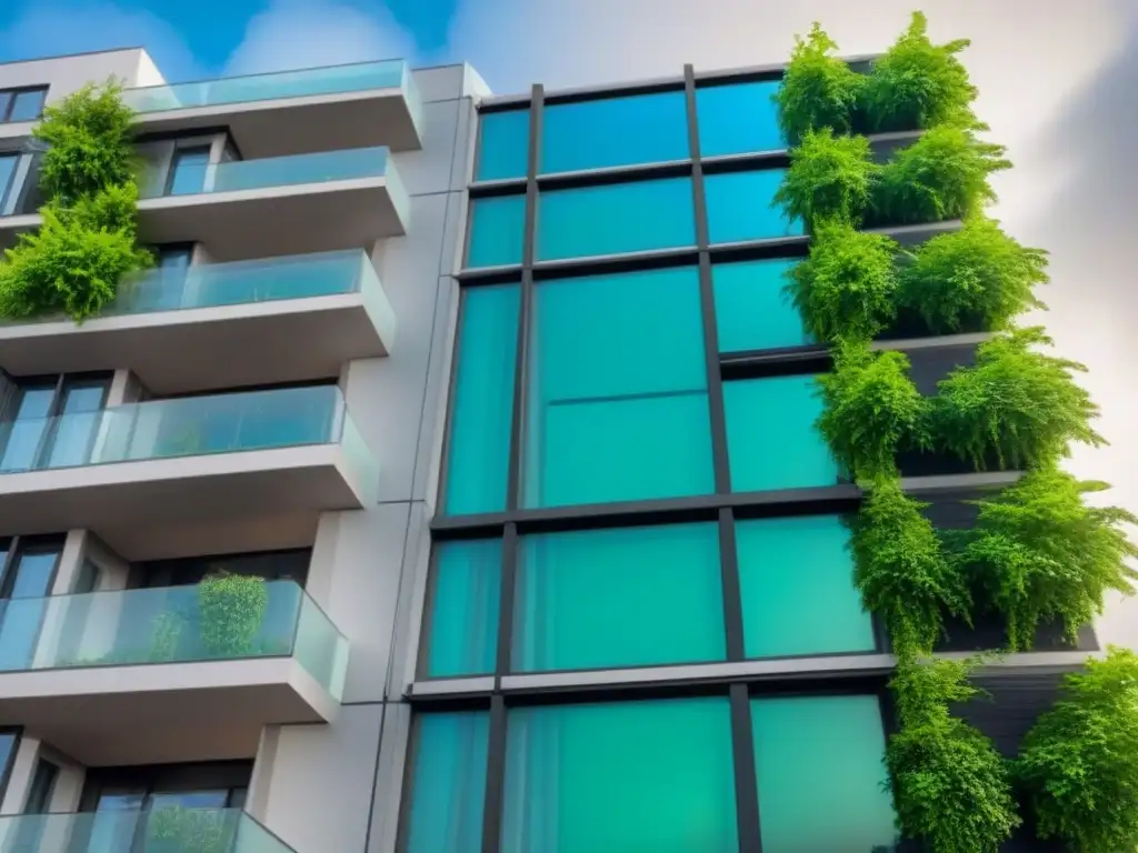 Complejo de apartamentos de lujo: modernidad, sofisticación y vida urbana Invertir en bienes raíces principiantes: Un complejo de apartamentos moderno de lujo con balcones llenos de plantas verdes y un fondo urbano vibrante
