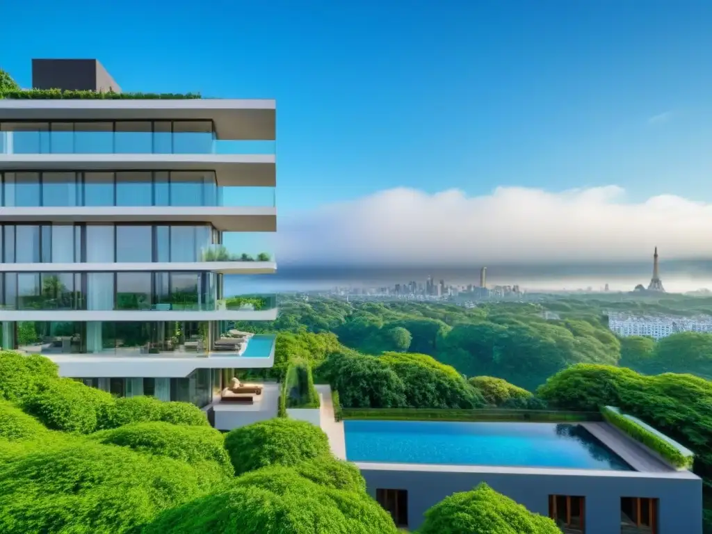 Edificio de lujo con vistas panorámicas en ciudad moderna Invertir en bienes raíces principiantes: Edificio moderno de lujo con ventanales y terraza en la azotea, rodeado de naturaleza y ciudad vibrante
