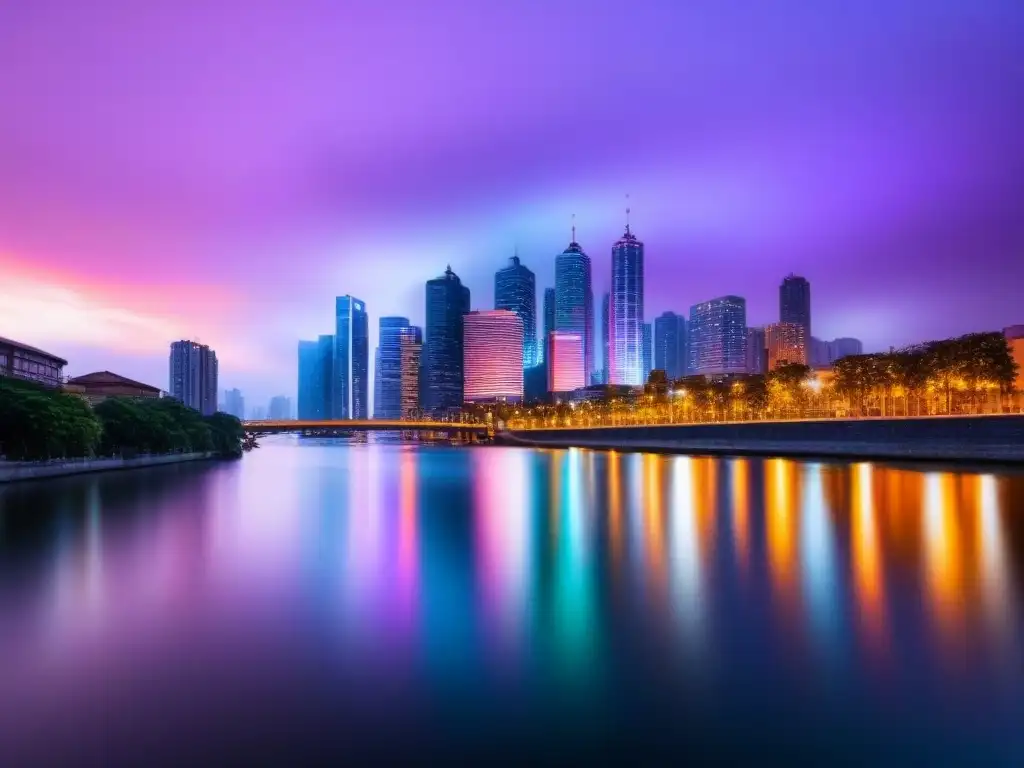 Espectacular skyline urbano al atardecer: luces y éxito inmobiliario Invertir en bienes raíces principiantes: Skyline moderno al atardecer con rascacielos de vidrio iluminados y río reflejando luces coloridas