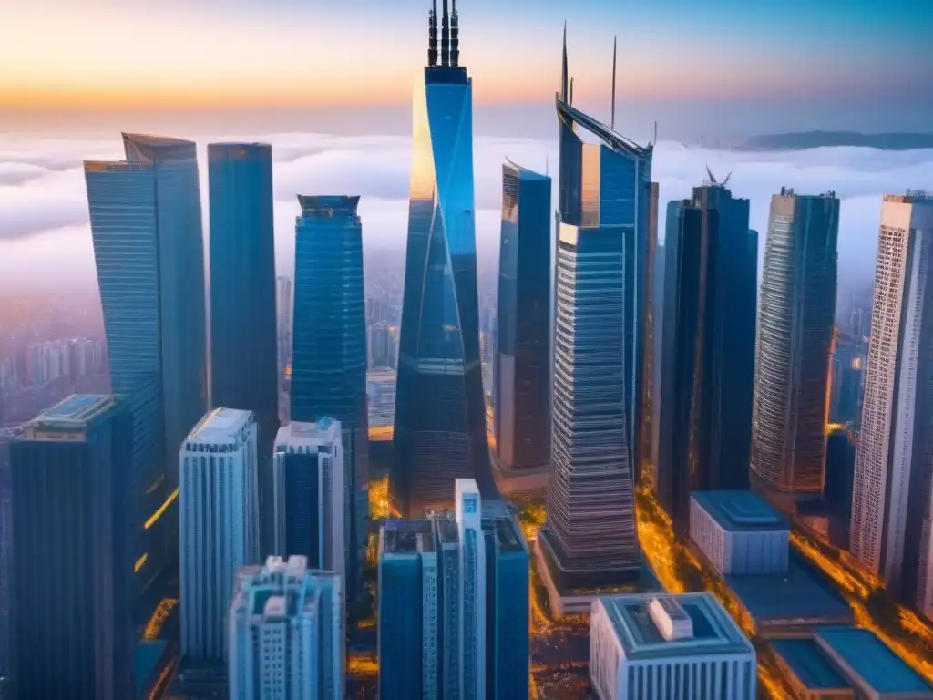 Inversión inmobiliaria en mercados emergentes: panorama vibrante al atardecer Invertir en bienes raíces en un vibrante mercado emergente, con modernos rascacielos y arquitectura tradicional al atardecer