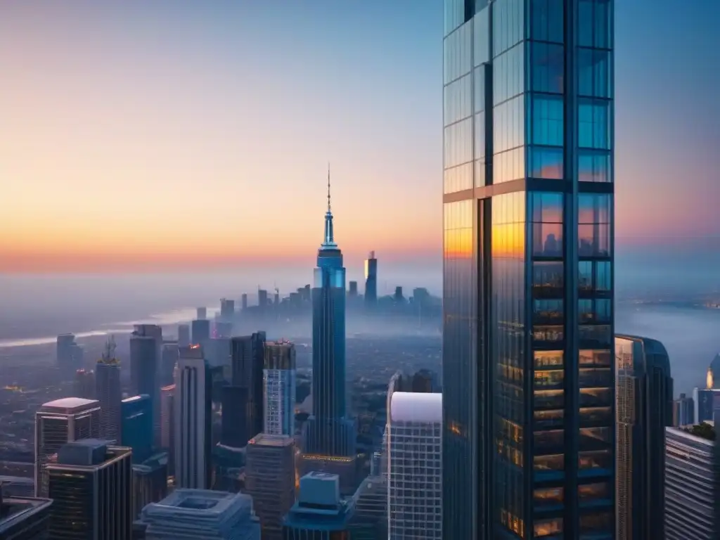 Inversión inmobiliaria blockchain: torre de cristal en atardecer urbano Blockchain en financiamiento inmobiliario: Moderno rascacielos de vidrio, reflejando la ciudad al atardecer, elegancia y sofisticación