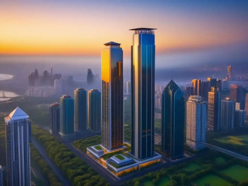 Rascacielos moderno de lujo en ciudad vibrante al atardecer Blockchain en financiamiento inmobiliario: Un rascacielos moderno de vidrio frente a un vibrante skyline urbano al atardecer, rodeado de vegetación exuberante y una bulliciosa calle llena de personas elegantes, transmitiendo prosperidad e innovación en el sector inmobiliario