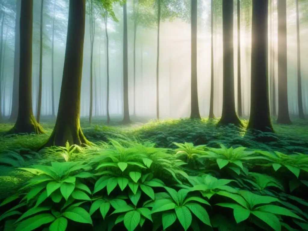 Bosque exuberante: luz y sombra en 8k Bosque exuberante iluminado por el sol, transmitiendo armonía con la naturaleza y la importancia del Financiamiento Verde impacto ambiental