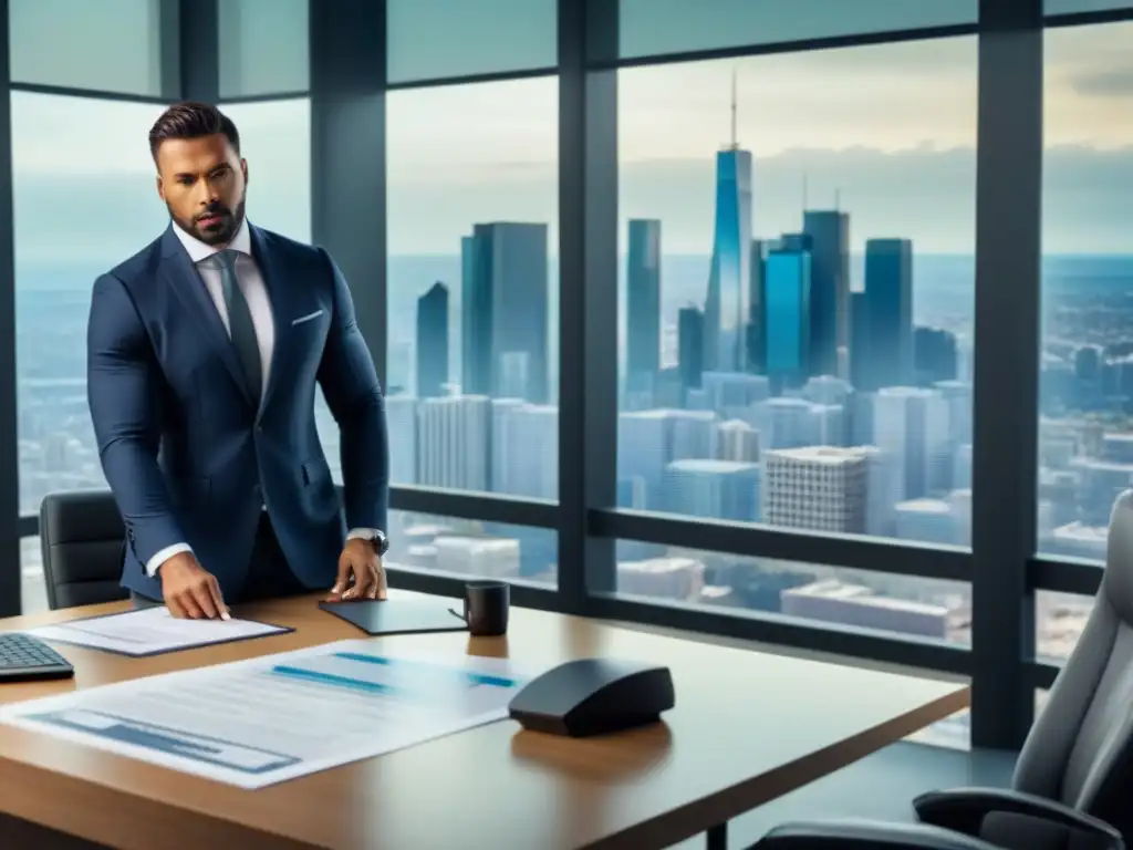 Oficina inmobiliaria moderna con broker profesional y vista urbana Un broker inmobiliario revisa un análisis de mercado con vista a la ciudad