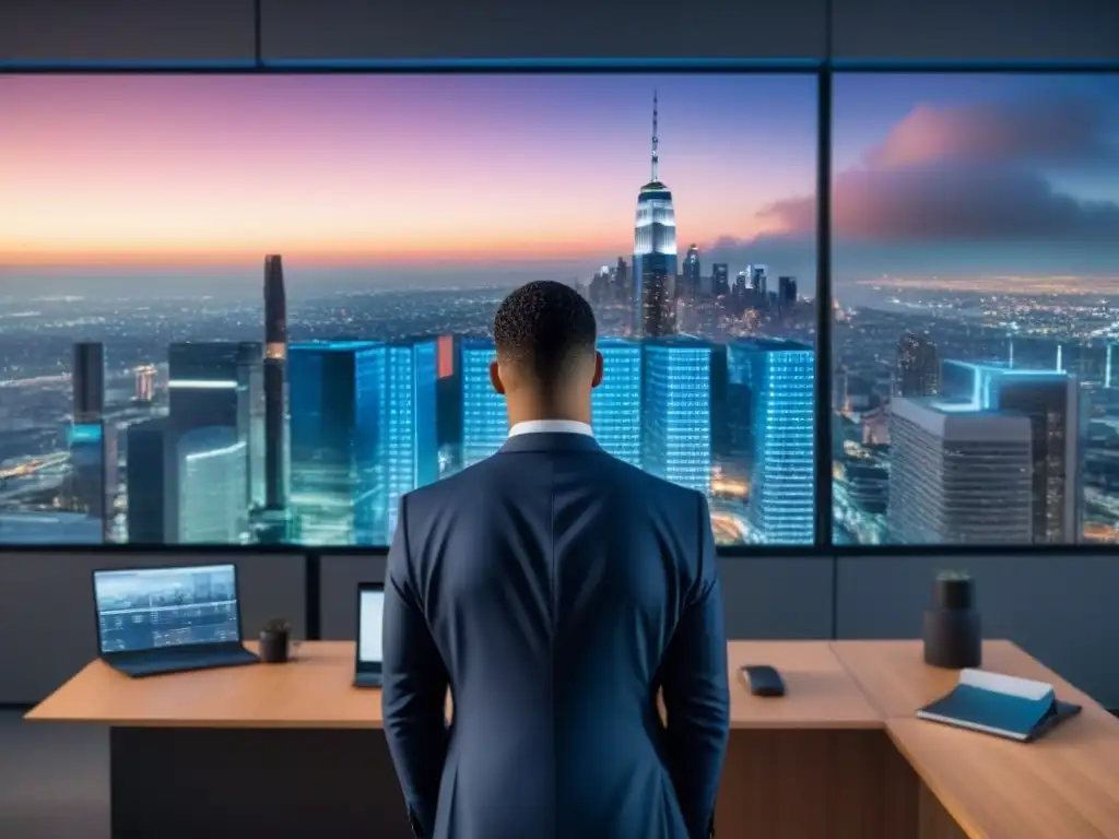 Oficina moderna con bróker profesional y tecnología holográfica futurista Un broker inmobiliario en un espacio moderno con vista a la ciudad, practicando ética