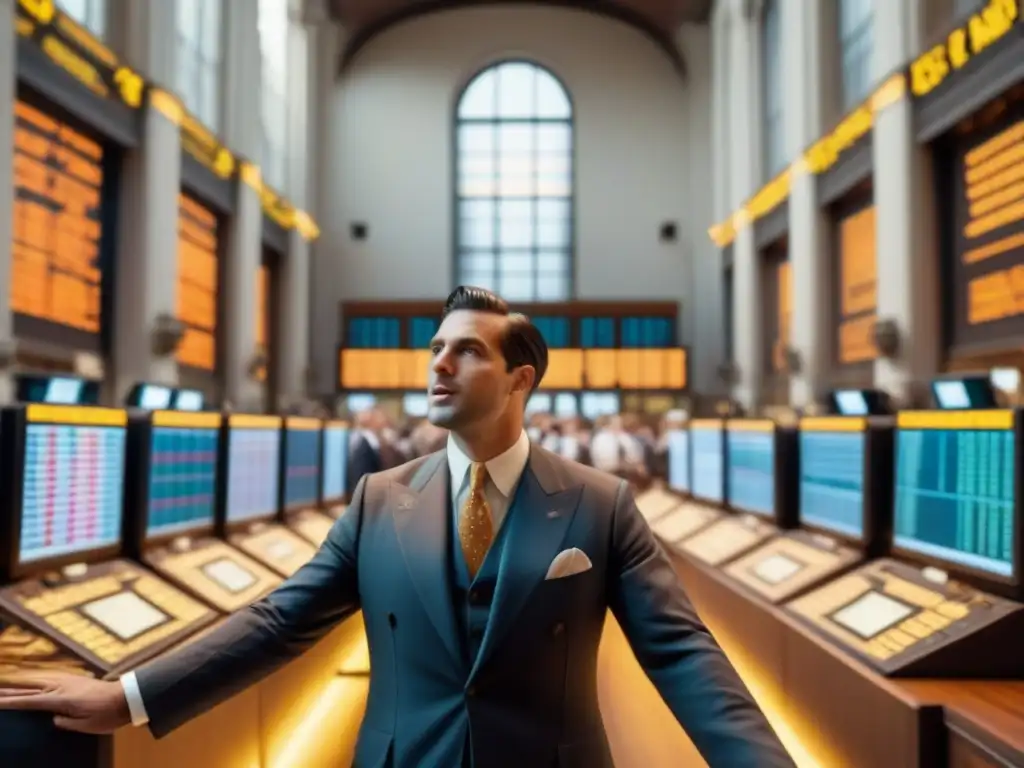 Bolsa de Valores del Siglo XX en Pleno Auge Financiero La bulliciosa bolsa de valores en los años 1900, con traders animados y máquinas de ticker tape, en un majestuoso edificio histórico