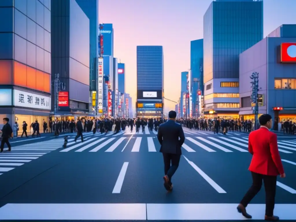 Tokio: fusión de tradición y modernidad al atardecer Intersección bulliciosa en Tokio con rascacielos al atardecer, fusionando arquitectura tradicional y moderna