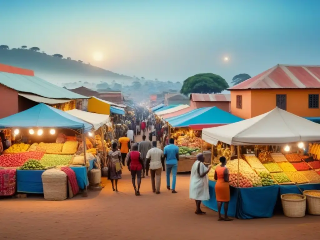 Mercado africano vibrante: artesanías, textiles y diversidad Un bullicioso mercado africano con artesanías, textiles y personas diversas