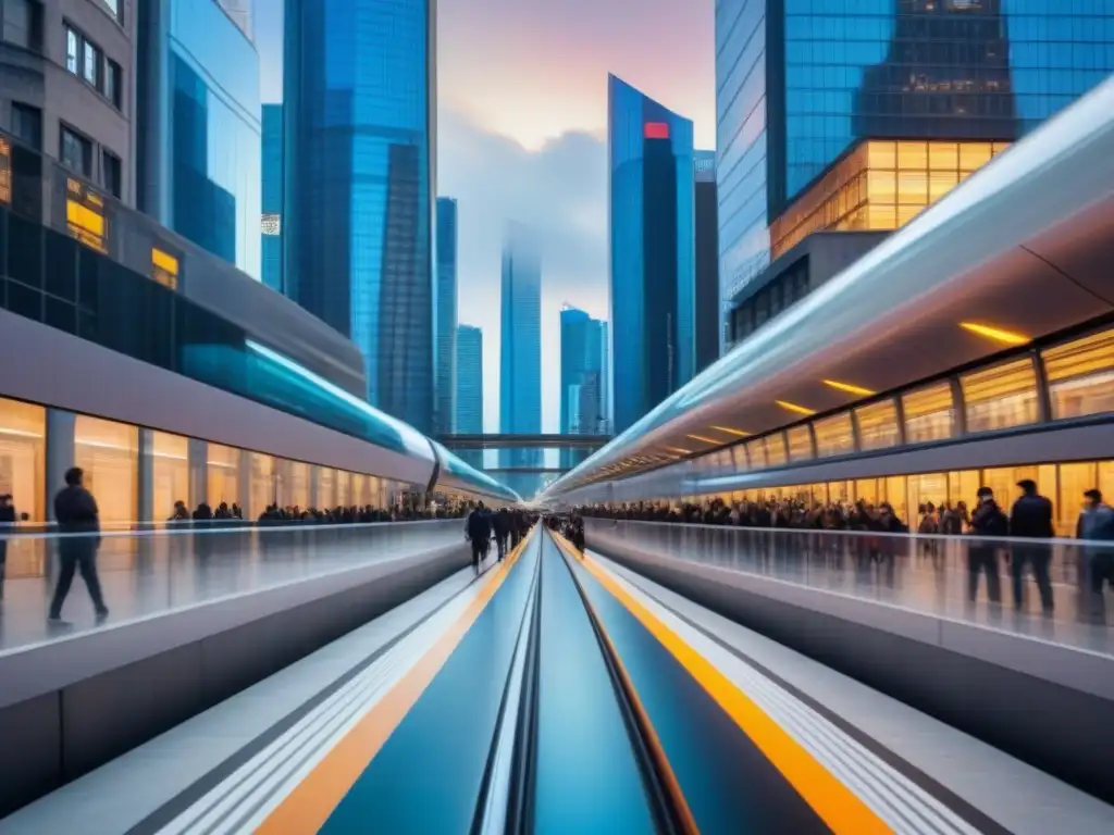 Metrópolis futurista: diversidad y progreso en créditos inmobiliarios Un bullicioso paisaje urbano con acceso al crédito en inmobiliaria, trenes de alta velocidad y rascacielos innovadores