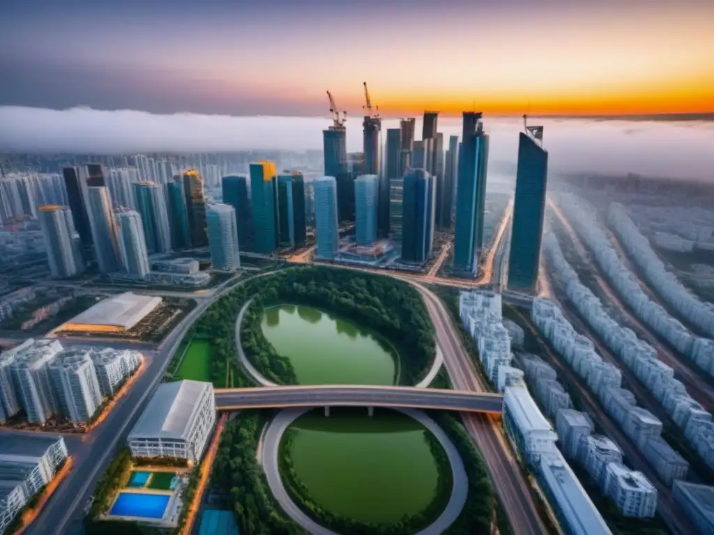 Horizonte urbano vibrante en economía emergente El bullicioso paisaje urbano de una economía emergente, con rascacielos, edificios modernos y espacios verdes