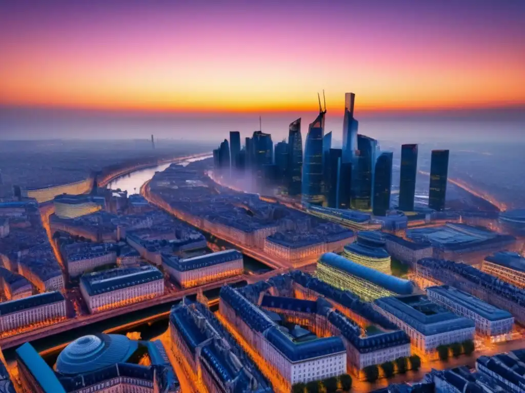 Cityscape europeo: historia y modernidad en armonía El bullicioso paisaje urbano europeo muestra la evolución entre arquitectura histórica y moderna al atardecer