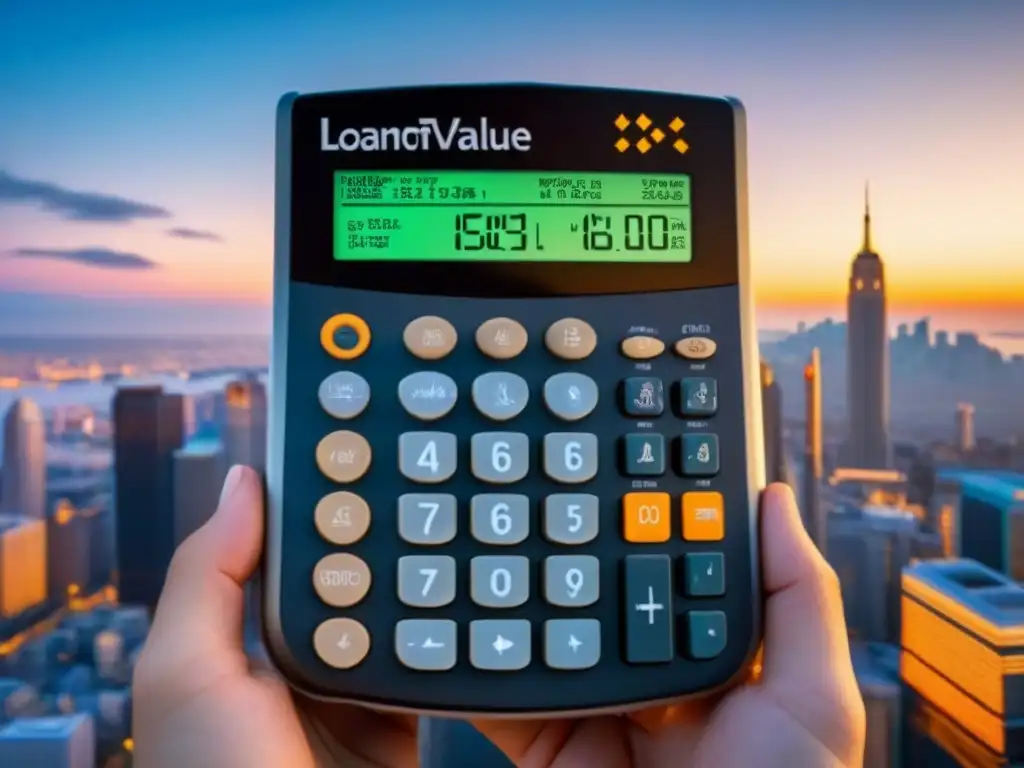 Calculadora financiera: claves para inversiones inmobiliarias Calculadora financiera moderna con ecuaciones complejas sobre Loan-to-Value Ratio, en ciudad de oportunidades de inversión inmobiliaria