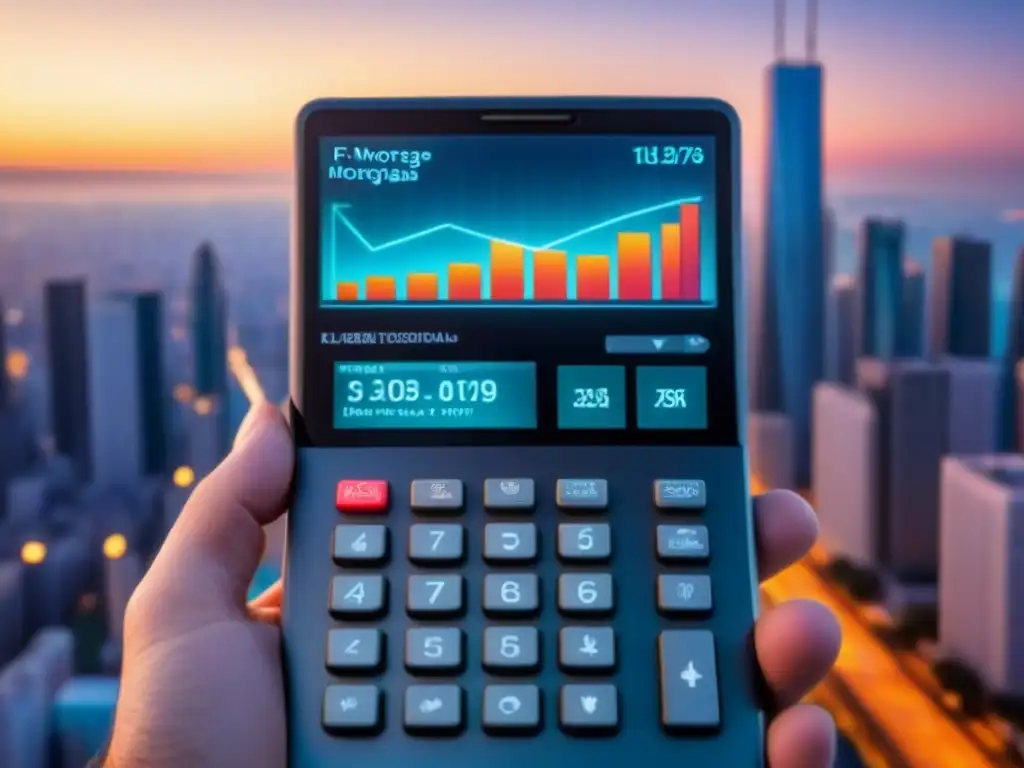 Calculadora hipotecaria futurista: proyecciones financieras en hologramas Calculadora hipotecaria futurista con proyecciones financieras y gráficos holográficos en una ciudad bulliciosa