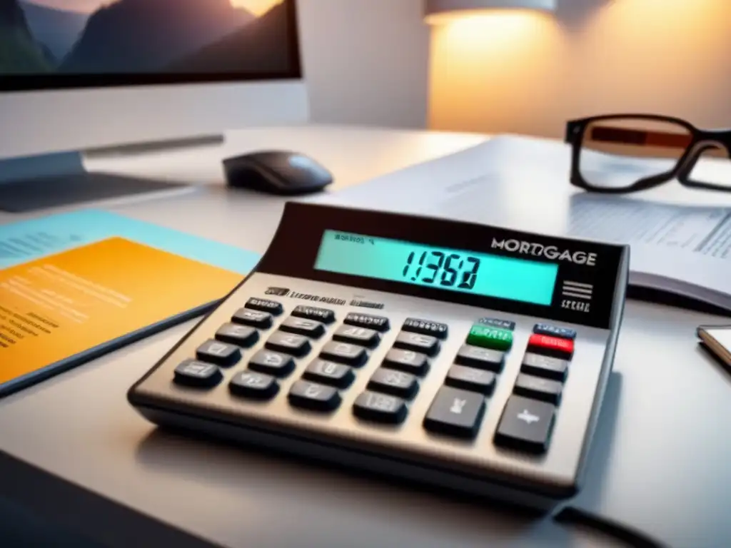 Calculadora de hipoteca: tasas de interés y pagos mensuales Calculadora hipotecaria moderna mostrando tasas de interés y pagos mensuales en una atmósfera profesional y educativa