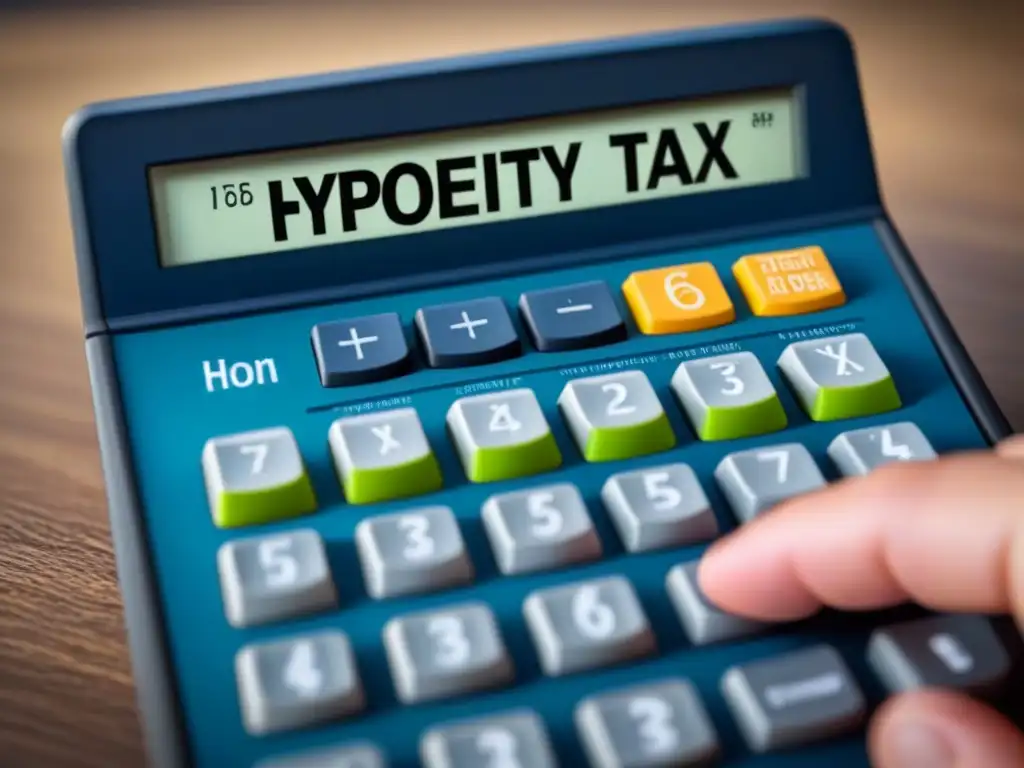 Calculadora de impuestos: interfaz digital moderna para propiedad Una calculadora de impuestos de propiedad paso a paso en pantalla de alta resolución, con diseño moderno en tonos azules y verdes