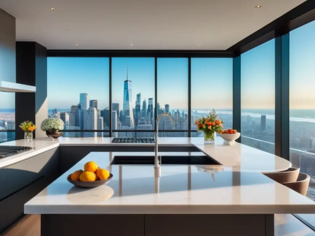 Calculadora retorno inversión renovaciones financiadas en cocina de lujo con vistas a la ciudad y laptop mostrando cálculos financieros