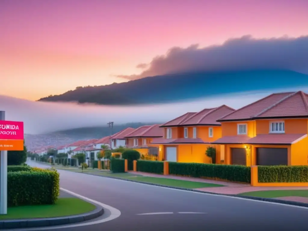 Vecindario seguro al atardecer con Seguro de Propiedad Cobertura Completa Cálido atardecer en tranquilo vecindario suburbano con medidas de seguridad y letrero 'Seguro de propiedad cobertura completa'