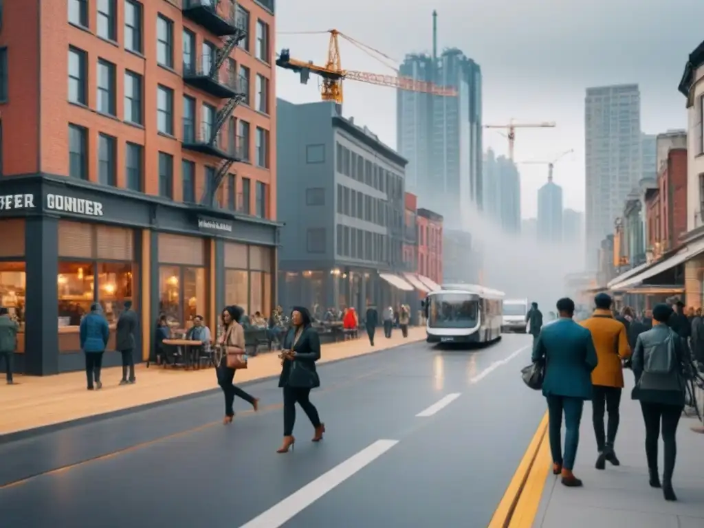 Escena urbana: diversidad y transformación en la ciudad Una calle bulliciosa de la ciudad con gente diversa caminando, edificios modernos y arquitectura histórica