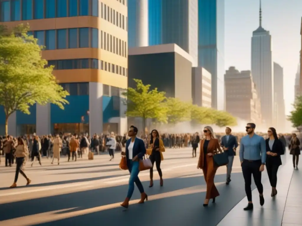 Escena urbana multicultural en la ciudad cosmopolita al atardecer Una calle de la ciudad bulliciosa con rascacielos modernos que reflejan una identidad cultural diversa y vibrante, destacando hotspots inmobiliarios