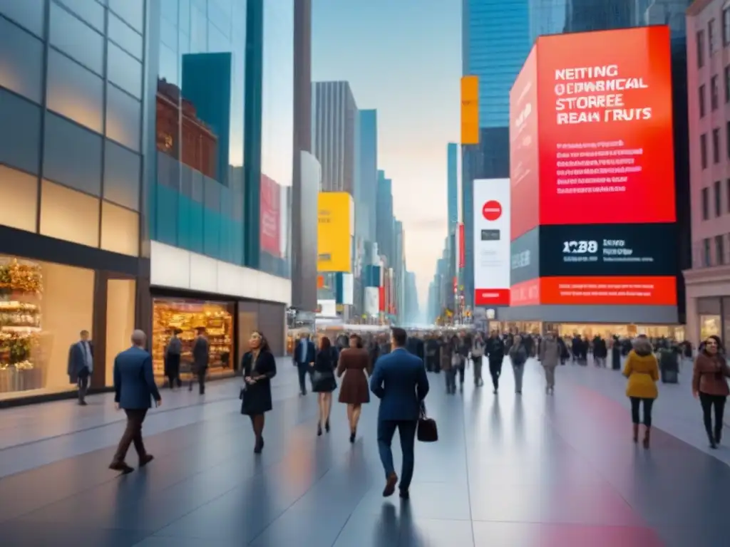 Escena urbana moderna: evolución de REITs en la ciudad Una calle urbana bulliciosa con edificios comerciales modernos, pantallas digitales interactivas y áreas de descanso vibrantes llenas de gente diversa