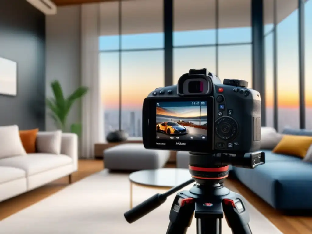 Magnífica cámara profesional en sala elegante Una cámara moderna capturando la esencia de una sala elegante para Consejos fotografía inmobiliaria captar atención