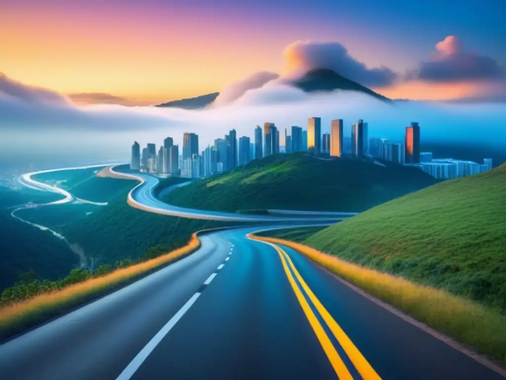 Camino hacia un futuro financiero brillante Un camino moderno conduce a una ciudad futurista brillante, simbolizando la mejora del historial crediticio hacia un futuro financiero prometedor