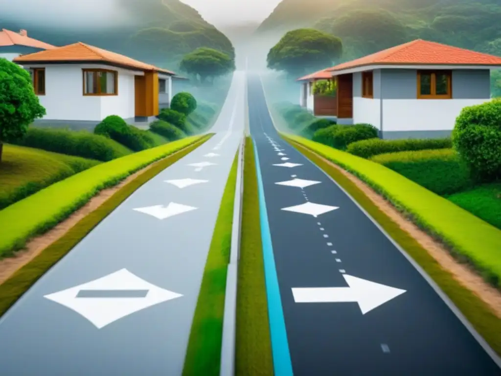 Comparación hipotecaria: Tradicionales vs Dos caminos divergen: uno tradicional con casas y dinero, otro futuro con hogares sostenibles y flechas apuntando hacia arriba