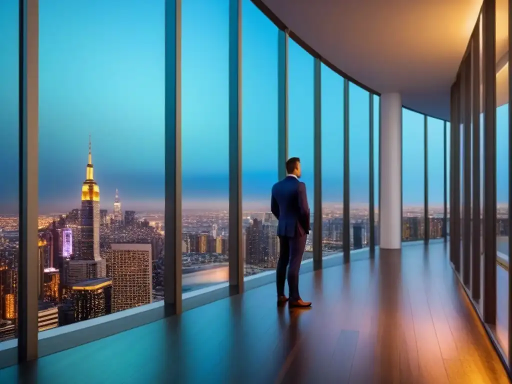 Edificio de lujo con vista nocturna de la ciudad Campañas publicitarias inmobiliarias de lujo: Edificio moderno con elegante iluminación y ventanales que reflejan una vibrante ciudad de noche