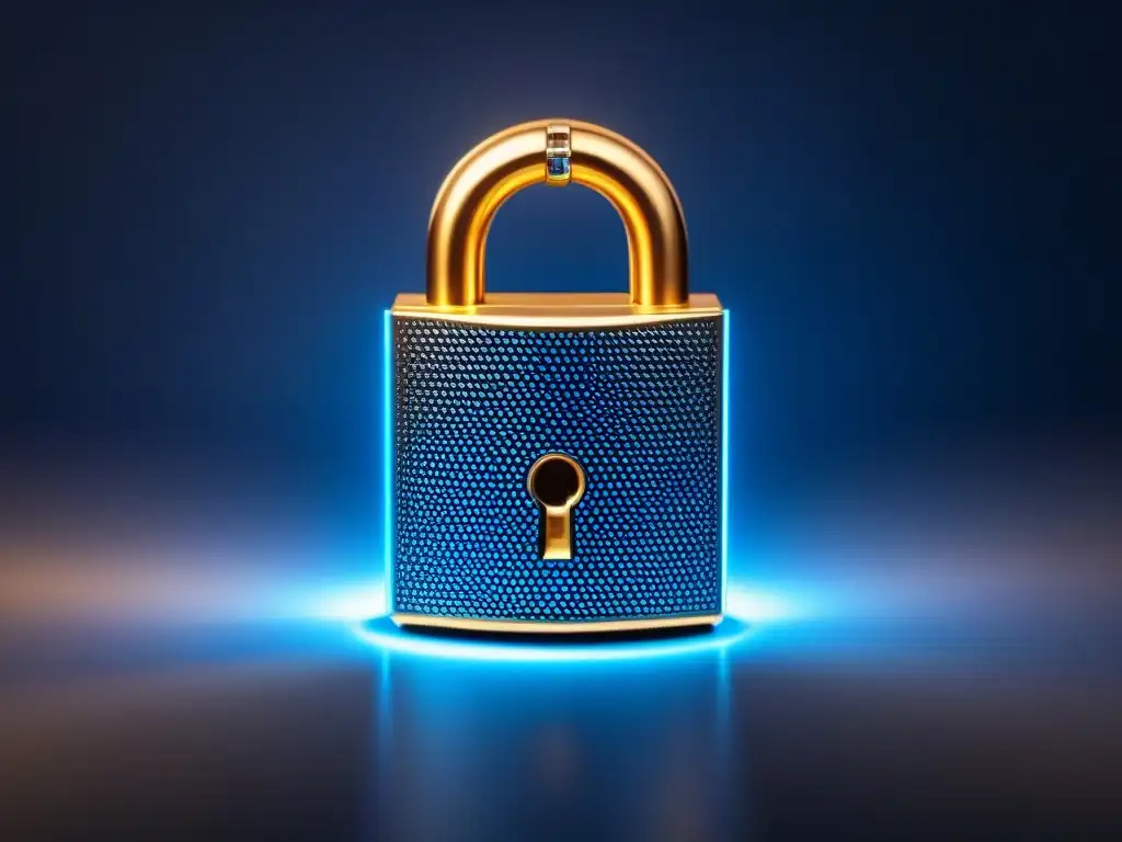 Candado digital de código binario en azul brillante Un candado digital encriptado con códigos binarios, resplandeciendo en azul sobre un fondo futurista oscuro