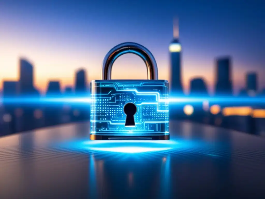 Seguridad inmobiliaria futurista con candado digital Un candado digital futurista flotando en el aire, emitiendo un suave resplandor azul con patrones de circuitos visibles en su cuerpo transparente