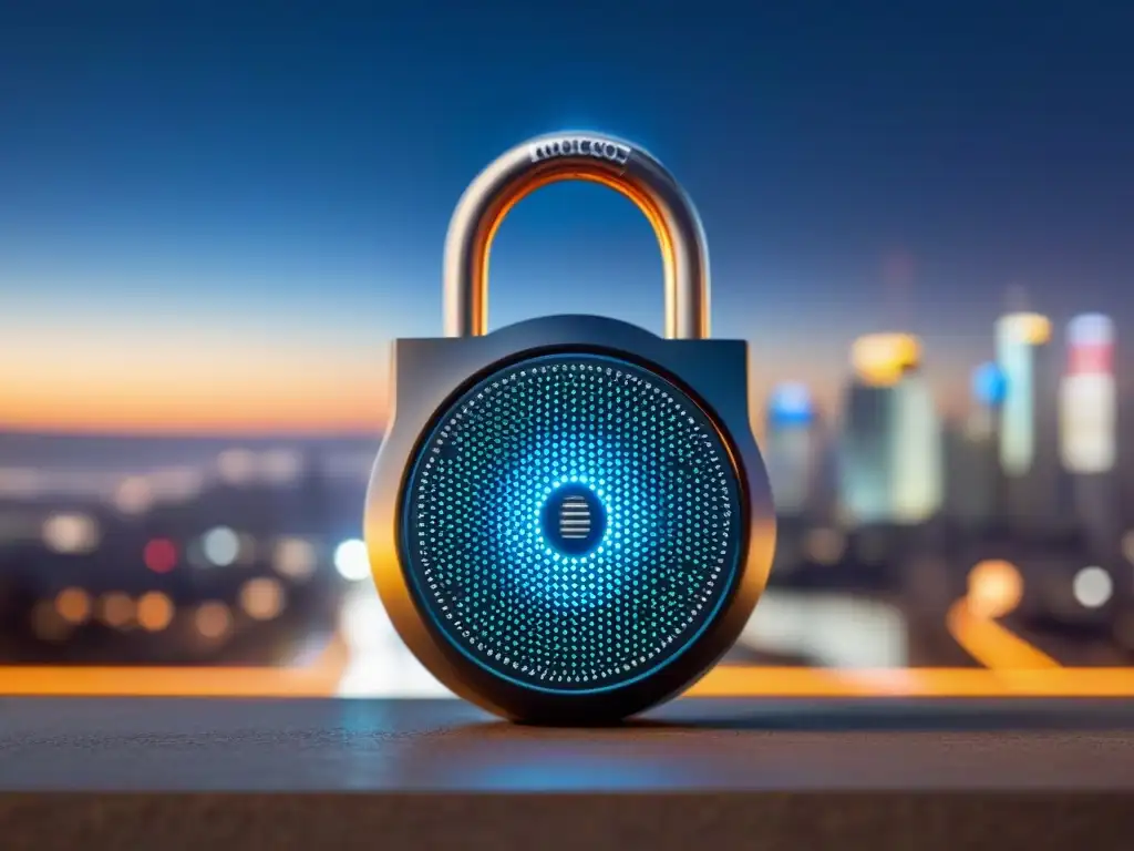 Cerradura digital futurista: ciberseguridad en finanzas inmobiliarias Un candado digital futurista simbolizando ciberseguridad en financiamiento inmobiliario, con patrones de circuitos y luces brillantes