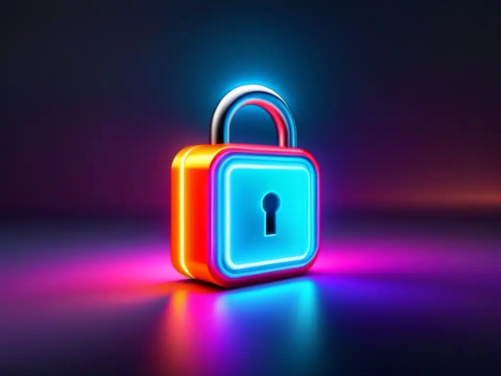 Ícono de seguridad digital futurista en colores neón Un candado digital futurista brilla en colores neón, simbolizando seguridad y privacidad en el financiamiento inmobiliario online