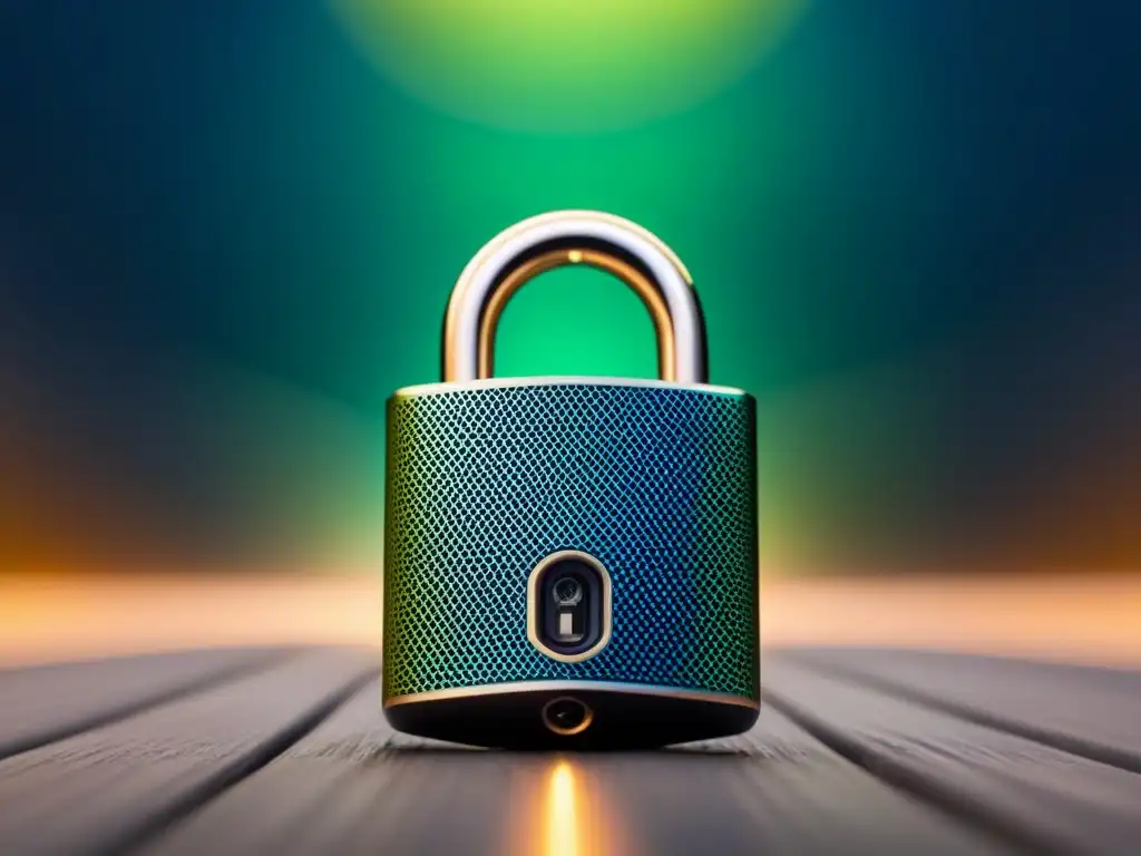 Seguridad hightech: Cerradura digital futurista en tonos metálicos Un candado digital futurista fusiona datos y seguridad en inmuebles