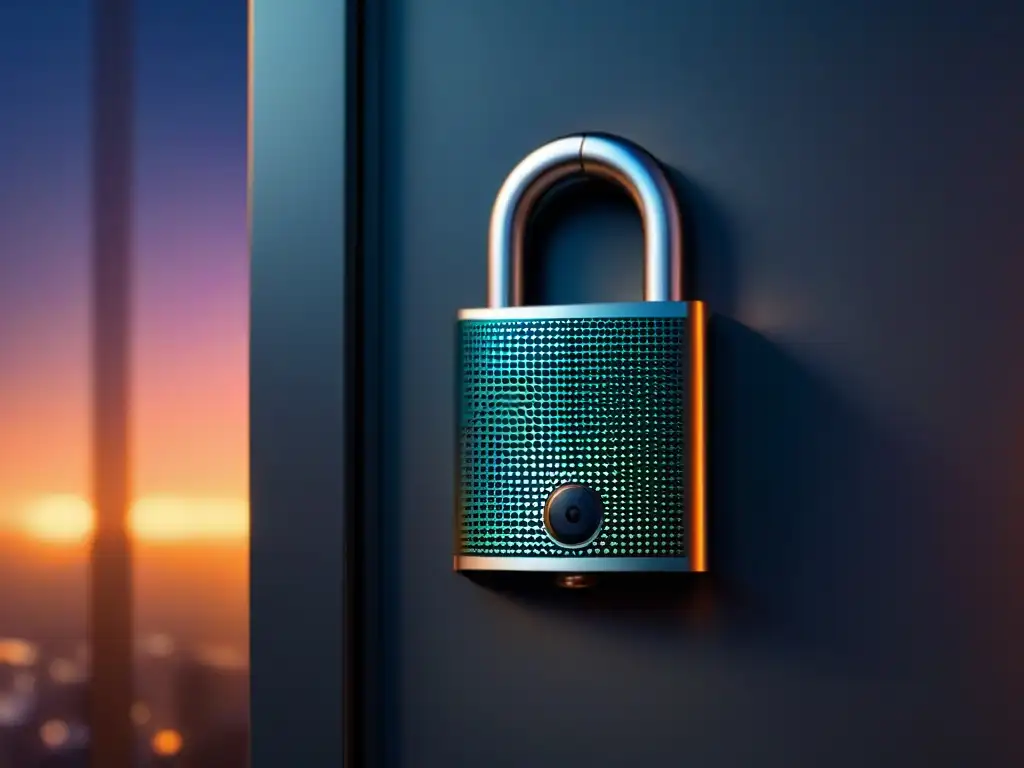Lock digital futurista para financiamiento inmobiliario seguro Un candado digital futurista con encriptación avanzada para financiamiento inmobiliario, protección contra fraude